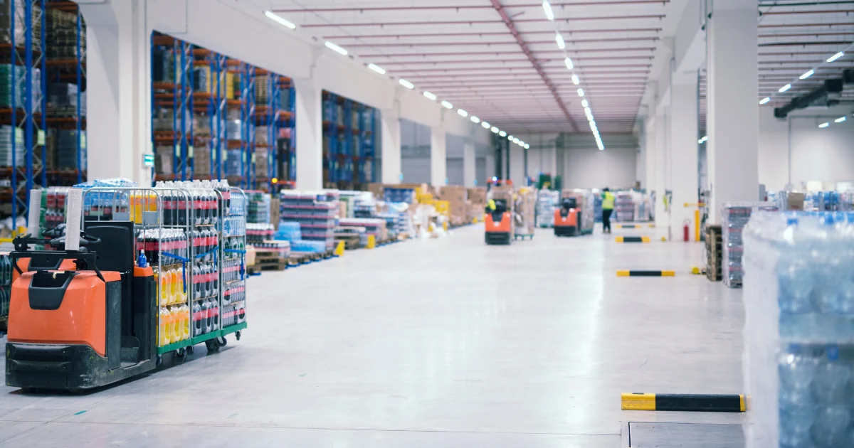 Warehouse Industrial Building Interior With People Forklifts Handling Goods Storage Area